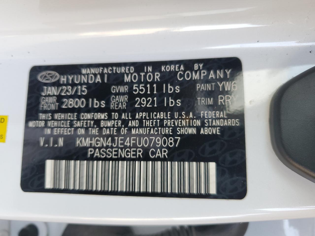 2015 Hyundai Genesis 3.8L VIN: KMHGN4JE4FU079087 Lot: 57106875