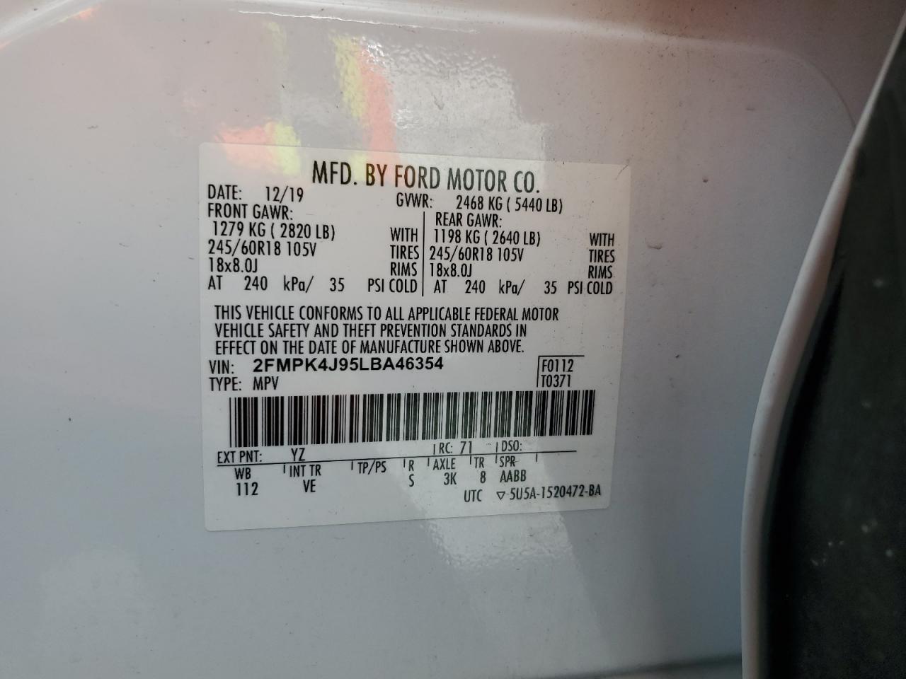 2020 Ford Edge Sel VIN: 2FMPK4J95LBA46354 Lot: 56154795
