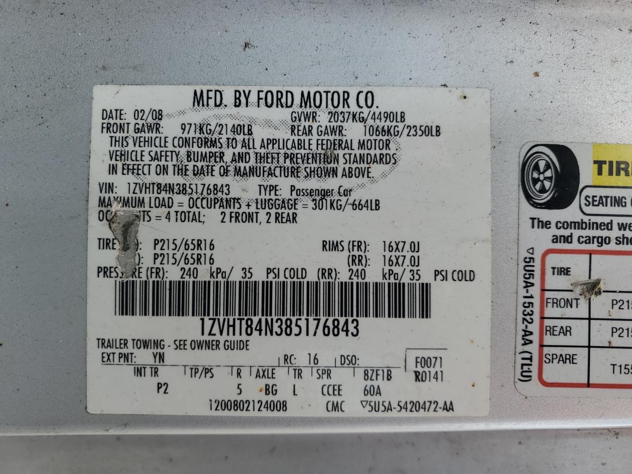 2008 Ford Mustang VIN: 1ZVHT84N385176843 Lot: 55793655