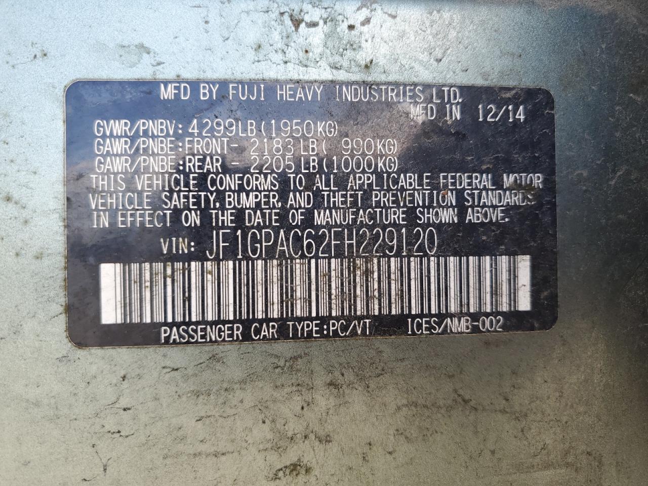 2015 Subaru Impreza Premium VIN: JF1GPAC62FH229120 Lot: 53790705
