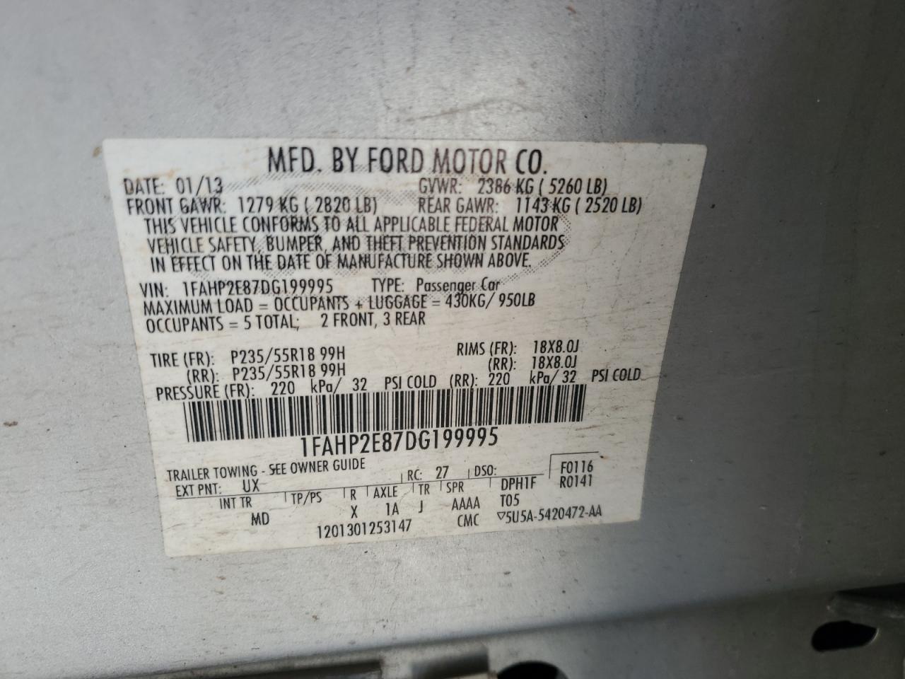 2013 Ford Taurus Sel VIN: 1FAHP2E87DG199995 Lot: 56011945