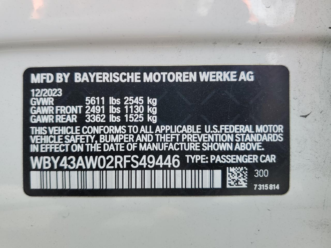 2024 BMW I4 Edrive 35 VIN: WBY43AW02RFS49446 Lot: 56249465