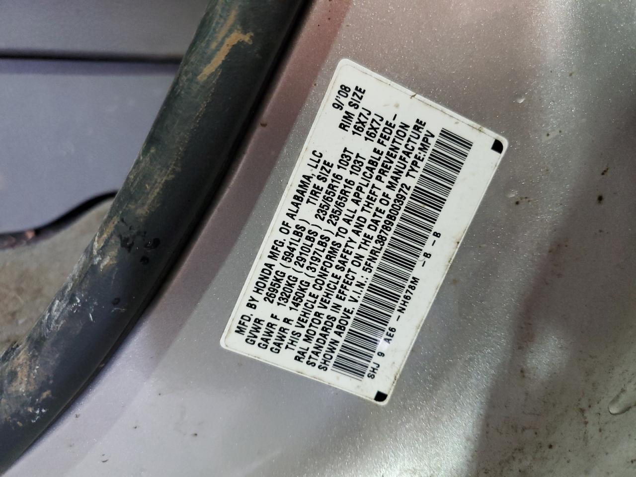 2009 Honda Odyssey Exl VIN: 5FNRL38789B003972 Lot: 58635355