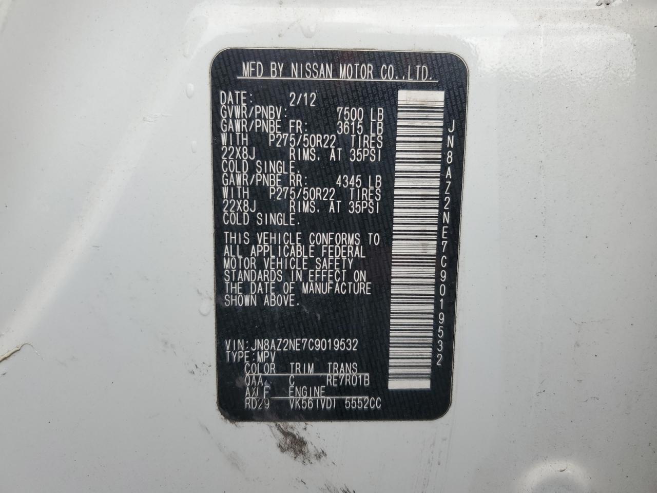2012 Infiniti Qx56 VIN: JN8AZ2NE7C9019532 Lot: 55671815