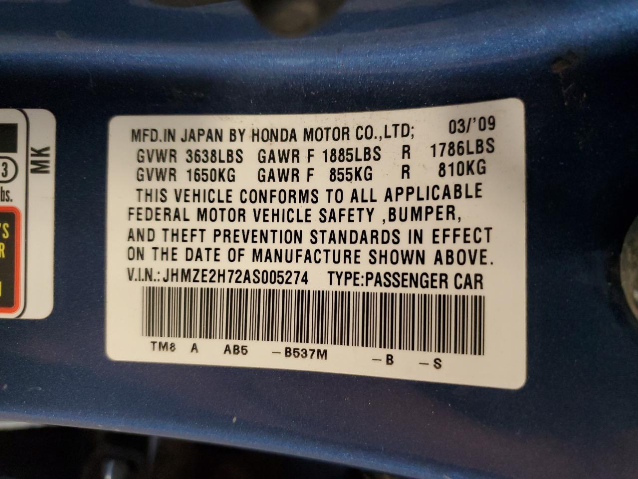 2010 Honda Insight Ex VIN: JHMZE2H72AS005274 Lot: 56625495