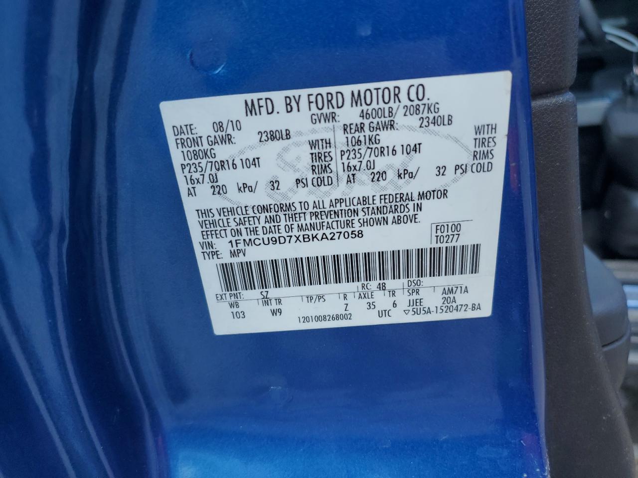 2011 Ford Escape Xlt VIN: 1FMCU9D7XBKA27058 Lot: 57091775