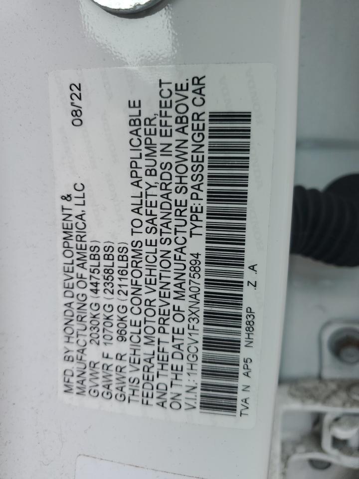 2022 Honda Accord Sport VIN: 1HGCV1F3XNA075894 Lot: 56741095