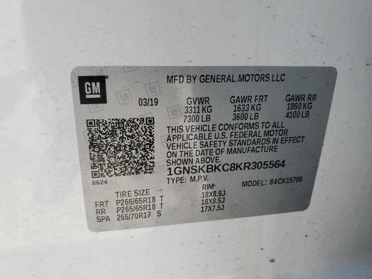 2019 Chevrolet Tahoe K1500 Lt VIN: 1GNSKBKC8KR305564 Lot: 57035135