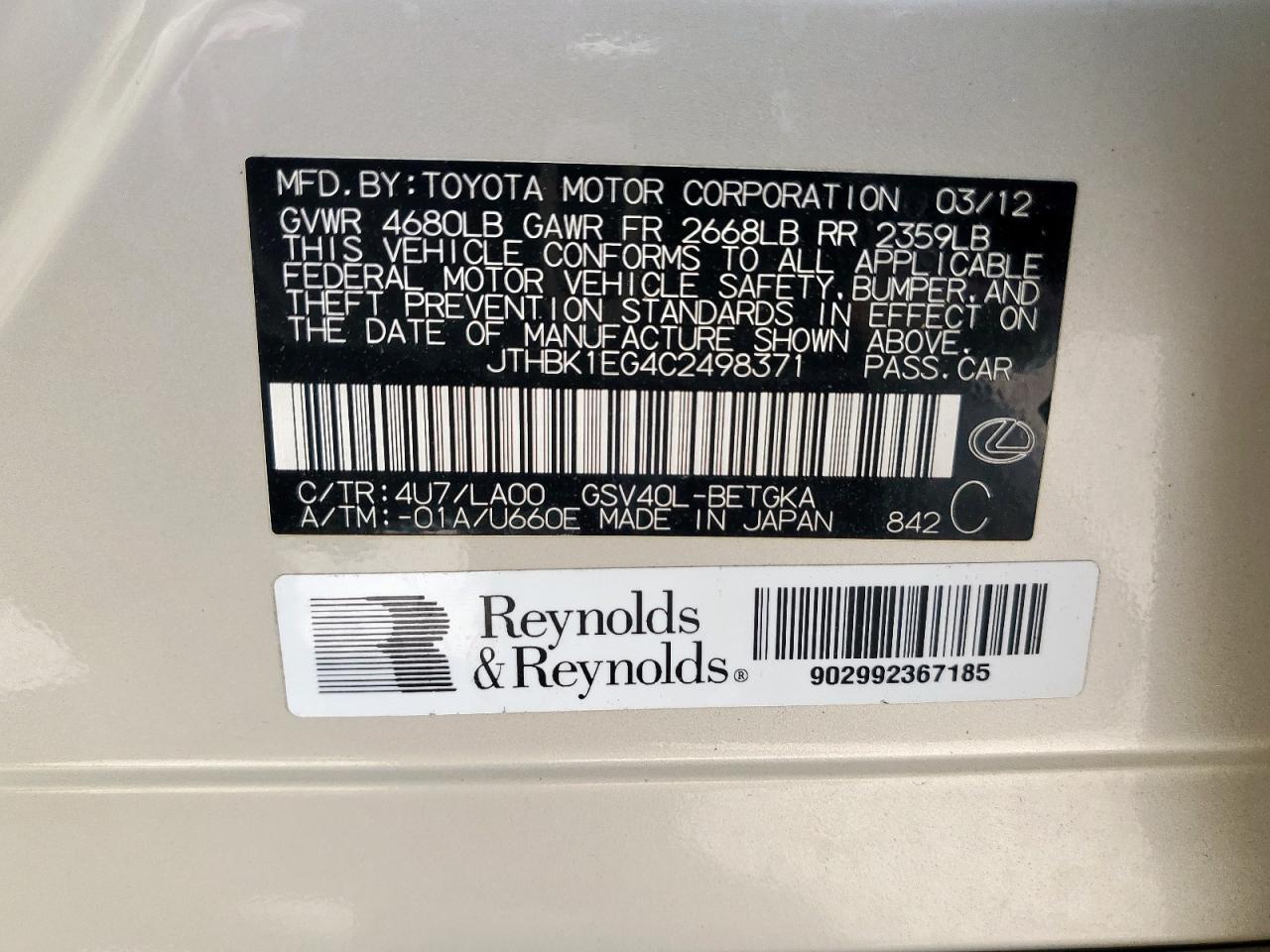 2012 Lexus Es 350 VIN: JTHBK1EG4C2498371 Lot: 55929315