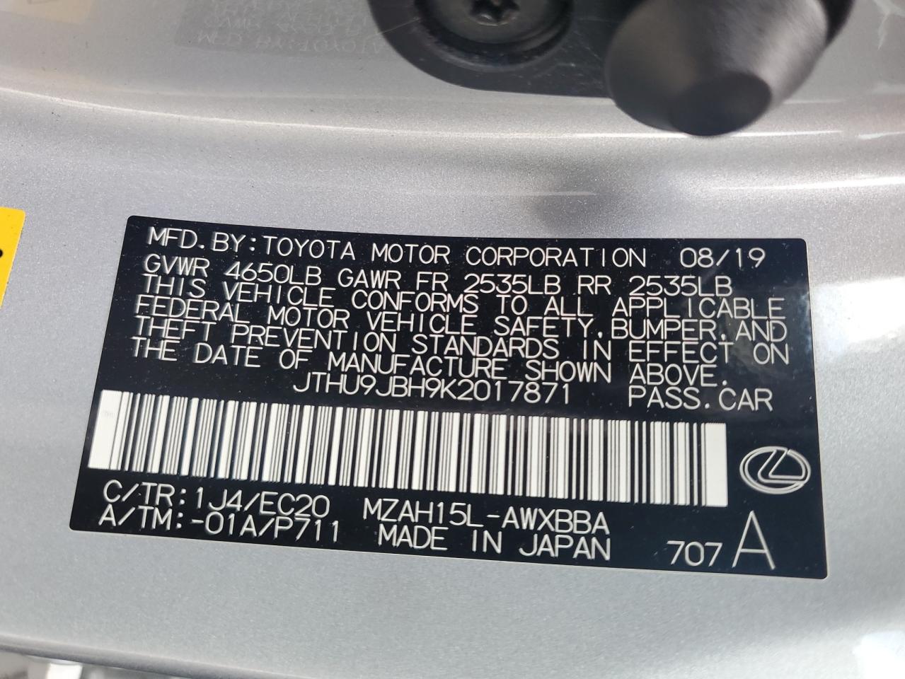 2019 Lexus Ux 250H VIN: JTHU9JBH9K2017871 Lot: 55569565
