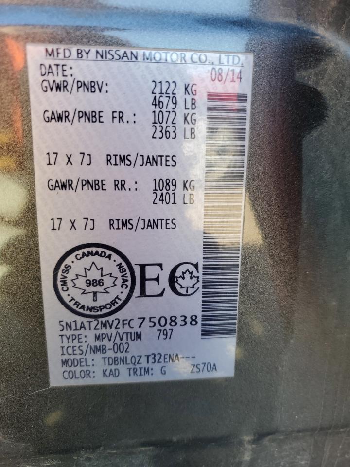 2015 Nissan Rogue S VIN: 5N1AT2MV2FC750838 Lot: 58374285