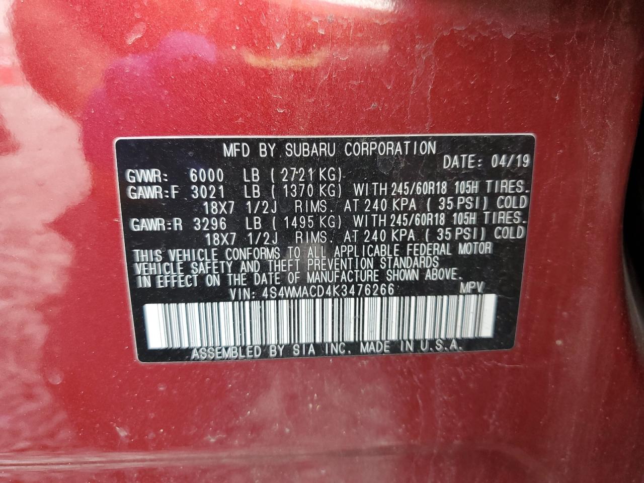 2019 Subaru Ascent Premium VIN: 4S4WMACD4K3476266 Lot: 56885625