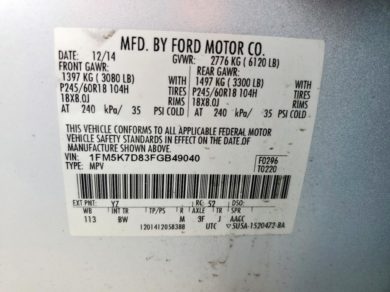 2015 Ford Explorer Xlt VIN: 1FM5K7D83FGB49040 Lot: 56701765