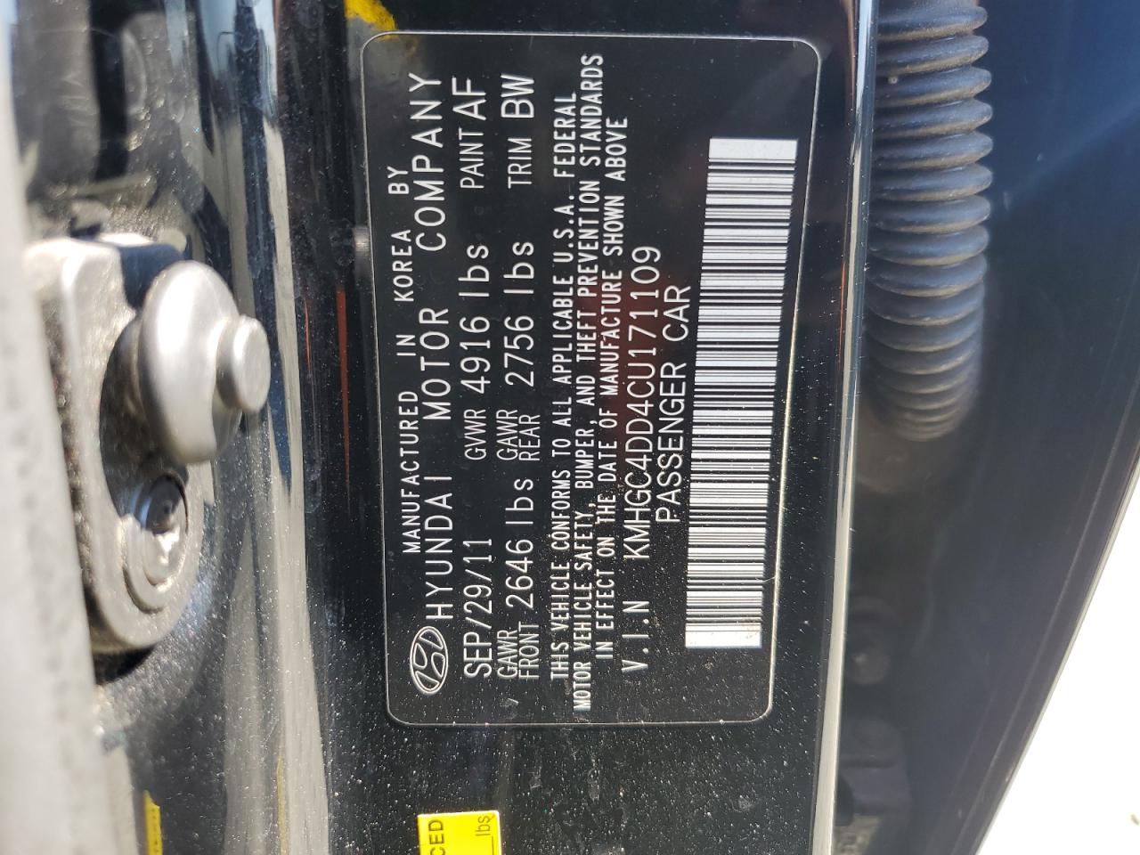 2012 Hyundai Genesis 3.8L VIN: KMHGC4DD4CU171109 Lot: 55910085