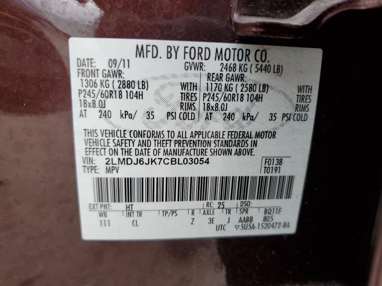 2012 Lincoln Mkx VIN: 2LMDJ6JK7CBL03054 Lot: 58491705