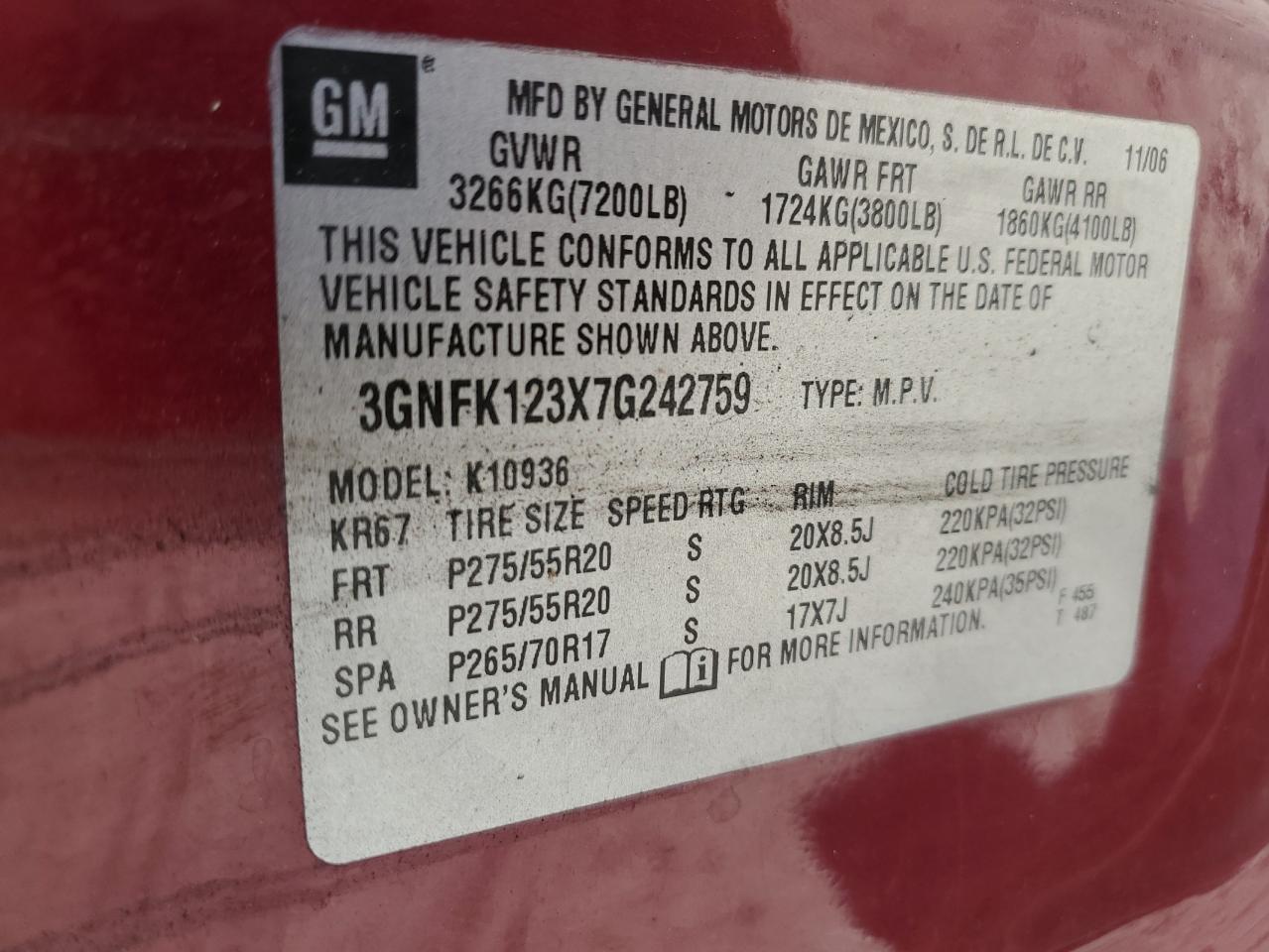 2007 Chevrolet Avalanche K1500 VIN: 3GNFK123X7G242759 Lot: 56836585