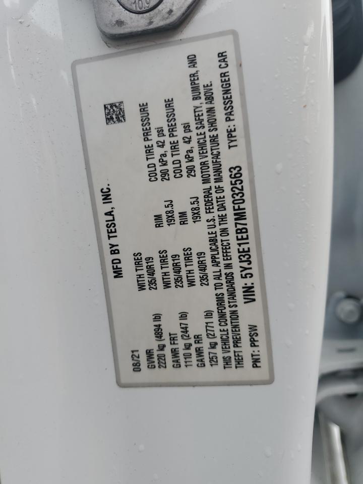 2021 Tesla Model 3 VIN: 5YJ3E1EB7MF032563 Lot: 58946265