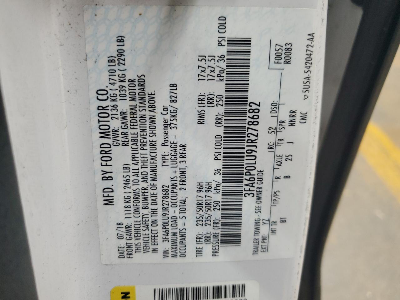 2018 Ford Fusion Se Hybrid VIN: 3FA6P0LU9JR278682 Lot: 54028025