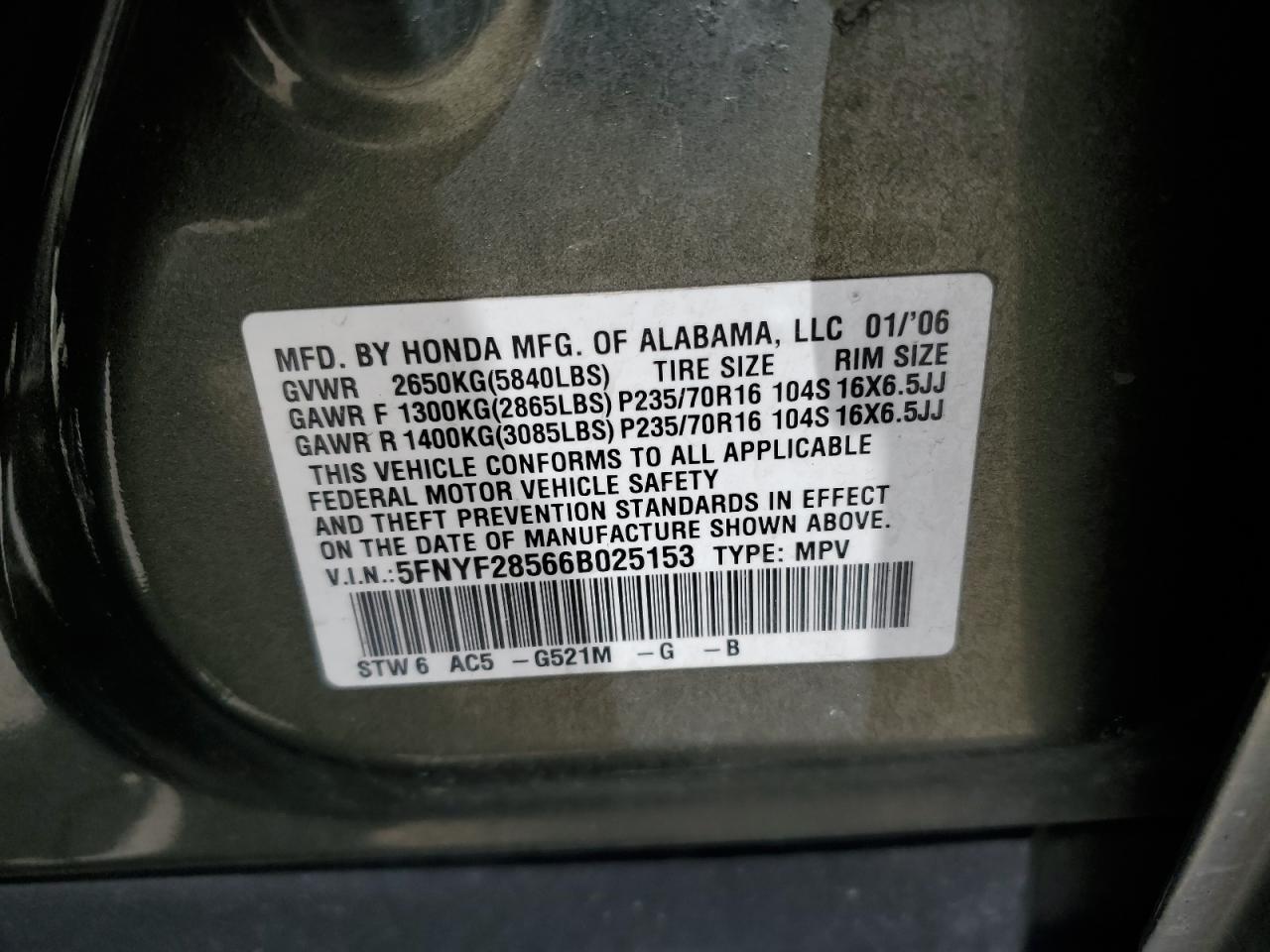 2006 Honda Pilot Ex VIN: 5FNYF28566B025153 Lot: 56792435