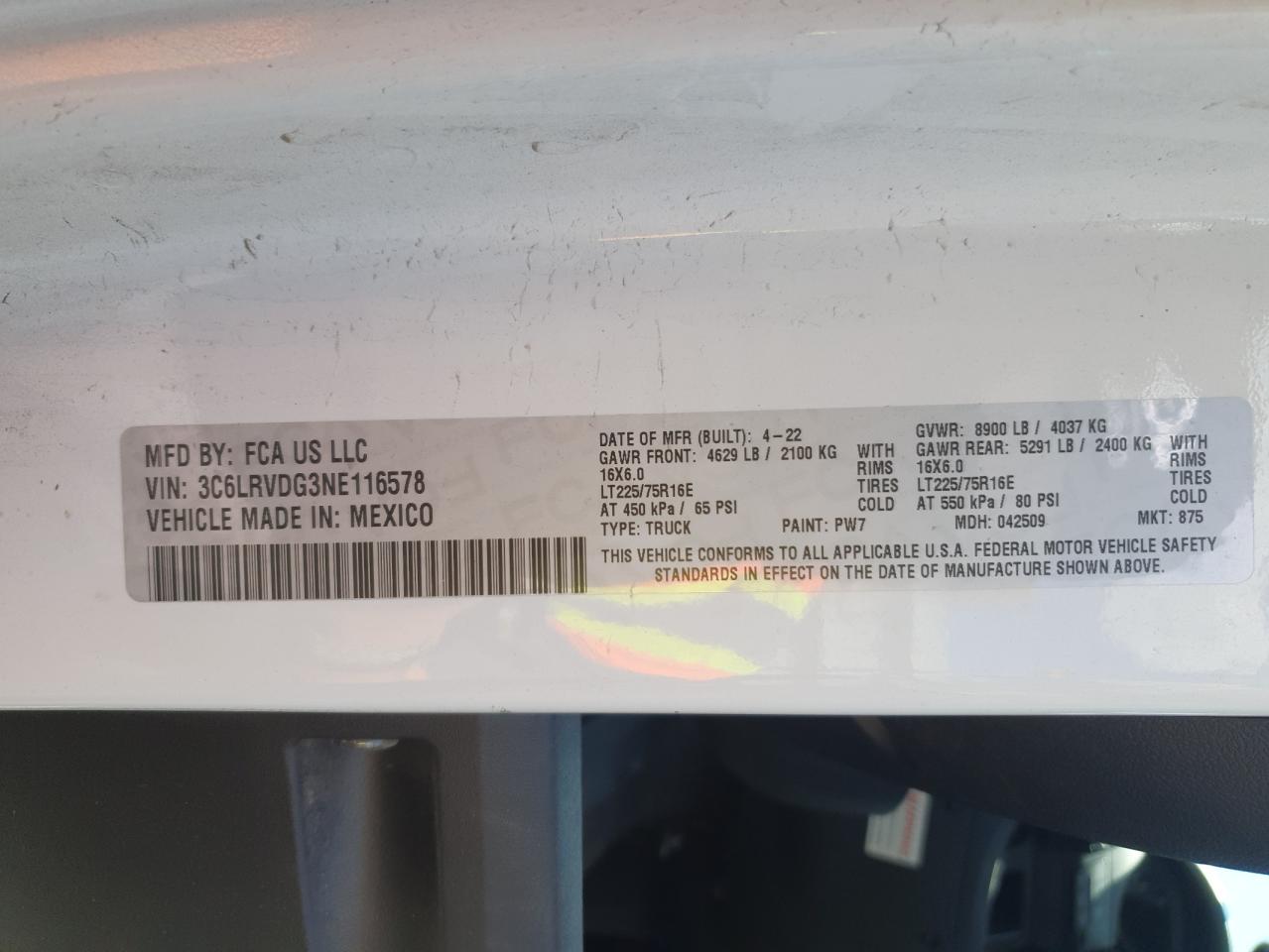 2022 Ram Promaster 2500 2500 High VIN: 3C6LRVDG3NE116578 Lot: 56675435