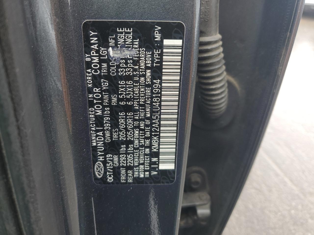 2020 Hyundai Kona Se VIN: KM8K12AA5LU481994 Lot: 58443515