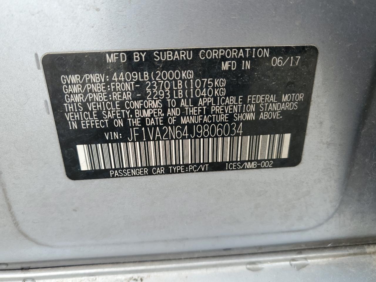 2018 Subaru Wrx Sti VIN: JF1VA2N64J9806034 Lot: 53982365