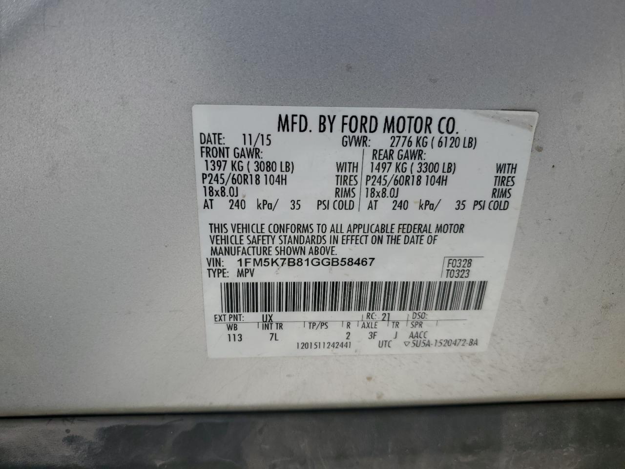 2016 Ford Explorer VIN: 1FM5K7B81GGB58467 Lot: 54940735