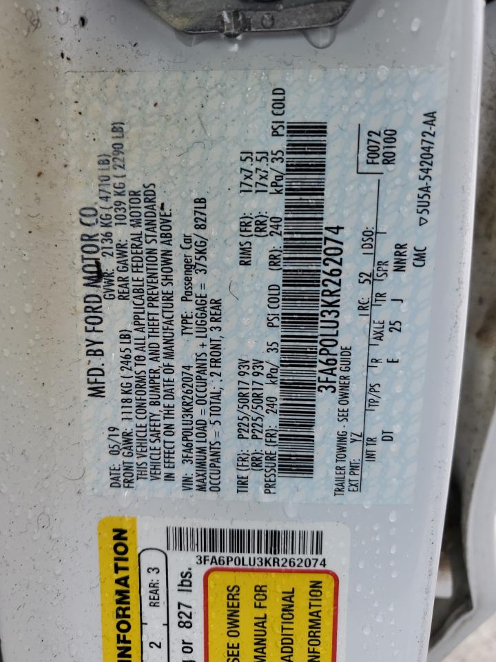 2019 Ford Fusion Se VIN: 3FA6P0LU3KR262074 Lot: 54030315