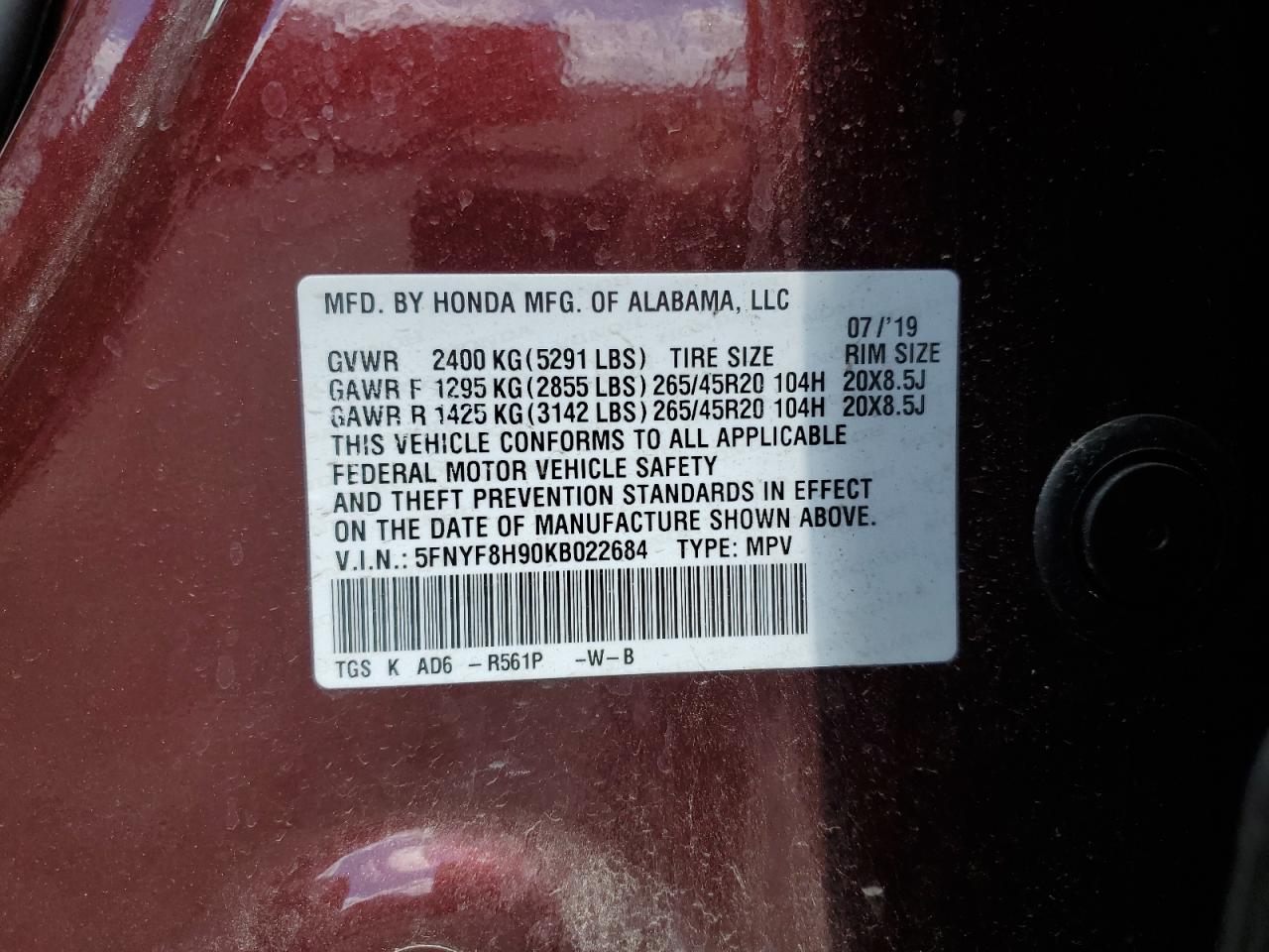 2019 Honda Passport Touring VIN: 5FNYF8H90KB022684 Lot: 56800895