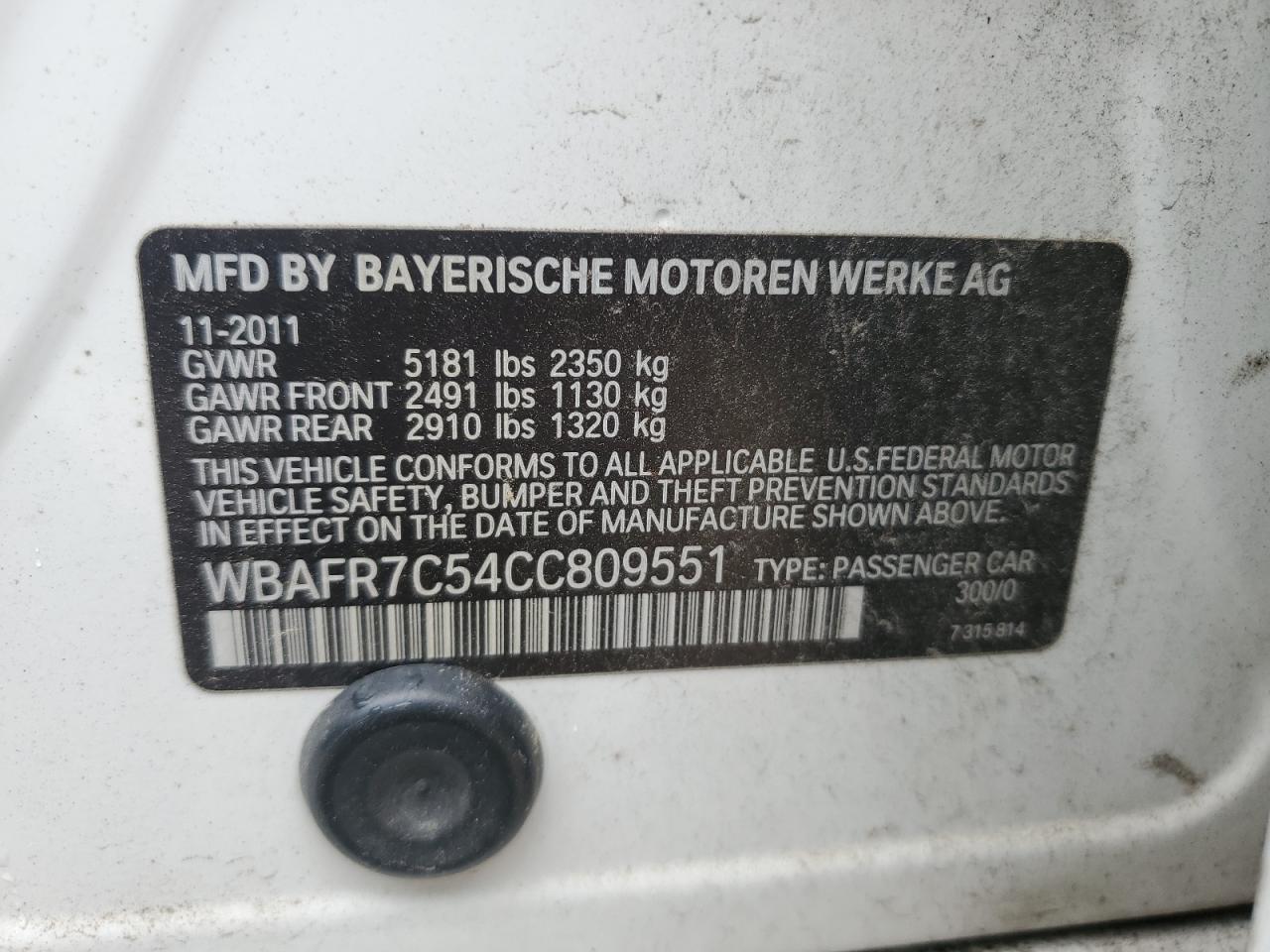 2012 BMW 535 I VIN: WBAFR7C54CC809551 Lot: 56910975
