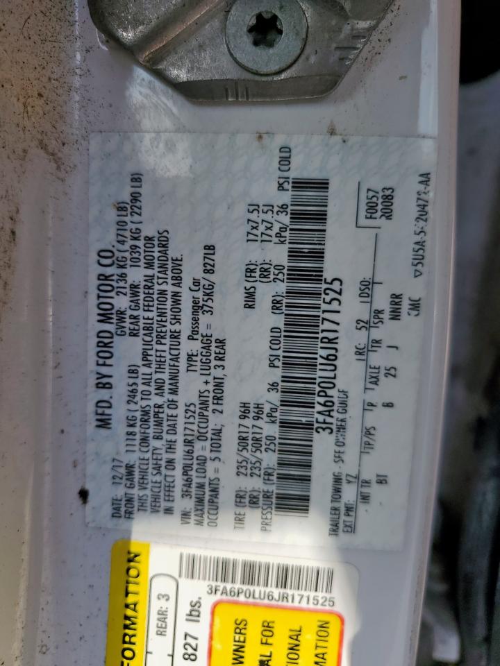 2018 Ford Fusion Se Hybrid VIN: 3FA6P0LU6JR171525 Lot: 54037935