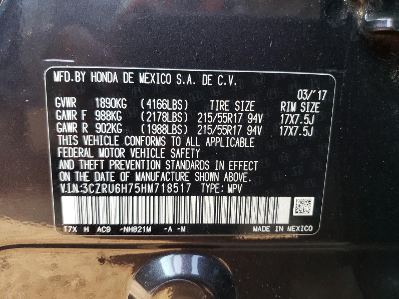 2017 Honda Hr-V Exl VIN: 3CZRU6H75HM718517 Lot: 56984655