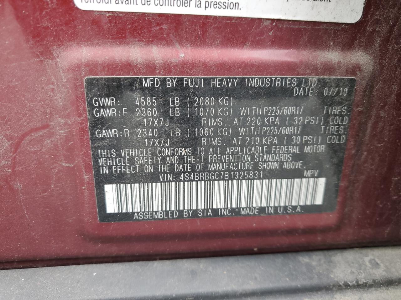2011 Subaru Outback 2.5I Premium VIN: 4S4BRBGC7B1325831 Lot: 57000305