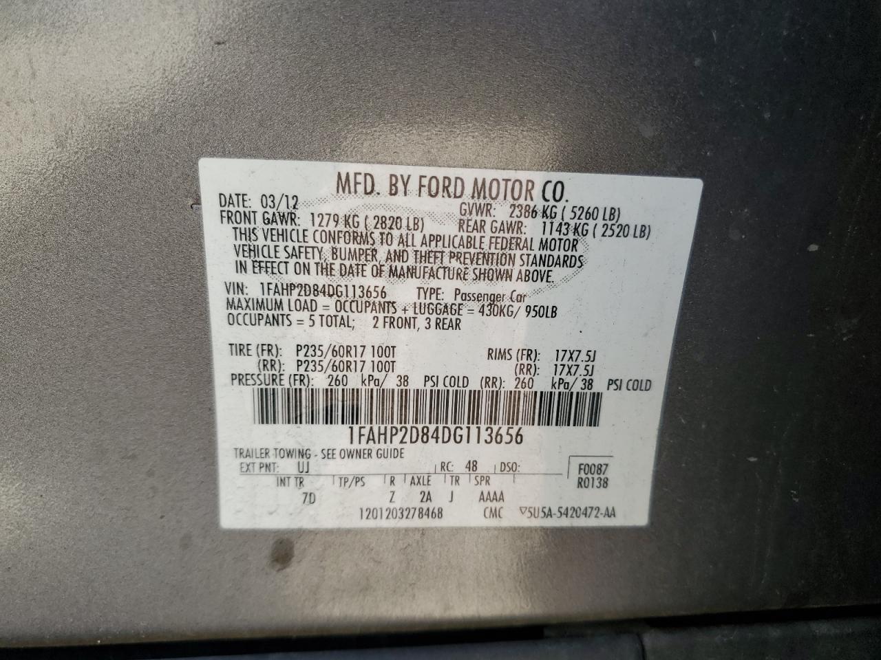 2013 Ford Taurus Se VIN: 1FAHP2D84DG113656 Lot: 57212165