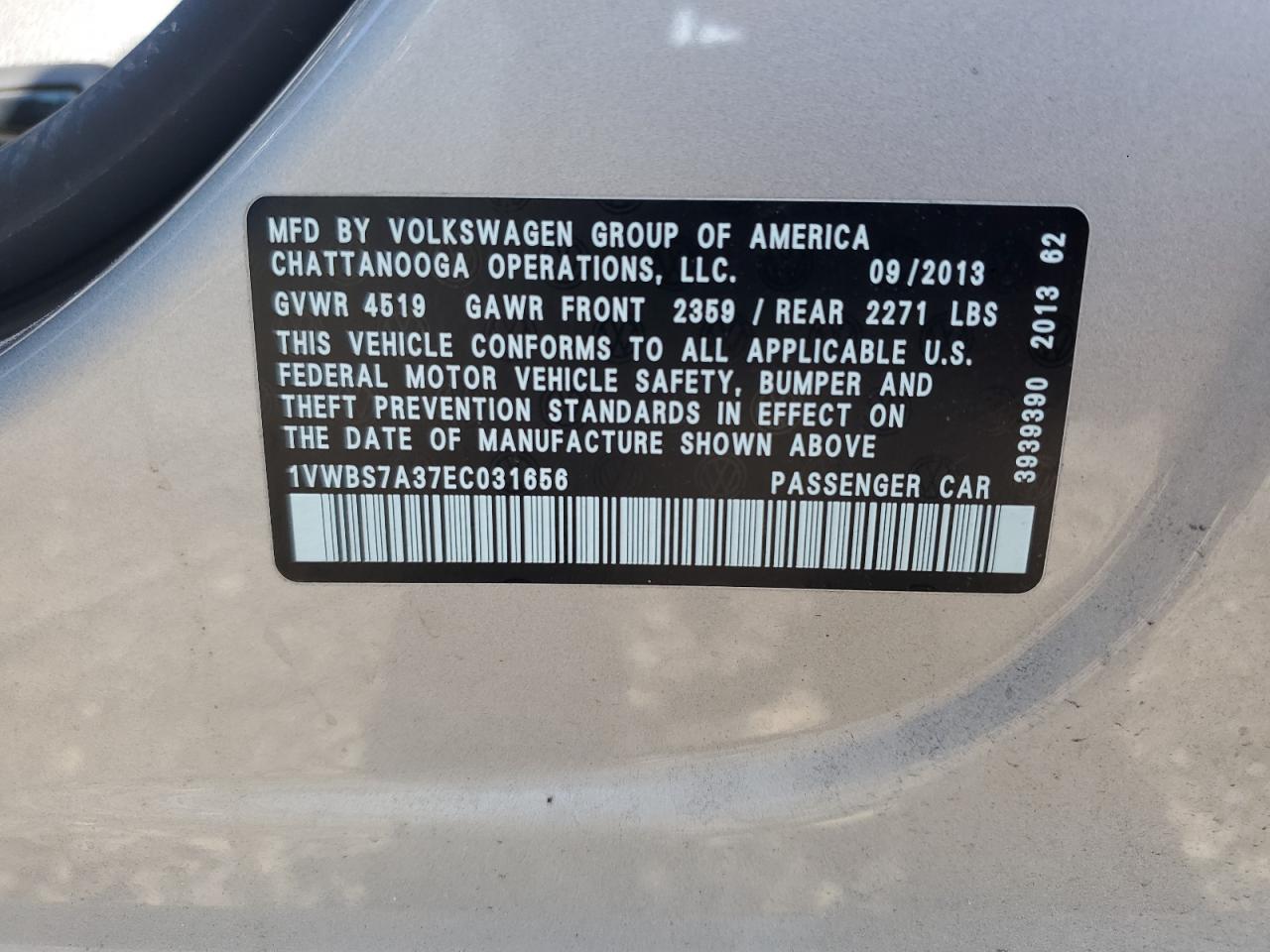2014 Volkswagen Passat Se VIN: 1VWBS7A37EC031656 Lot: 57289055