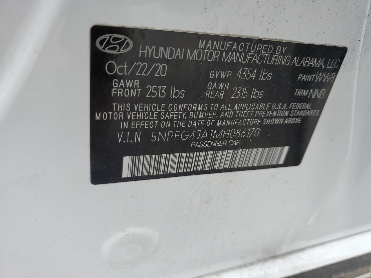 2021 Hyundai Sonata Se VIN: 5NPEG4JA1MH086170 Lot: 65599685