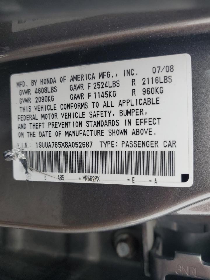 2008 Acura Tl Type S VIN: 19UUA765X8A052687 Lot: 57019935