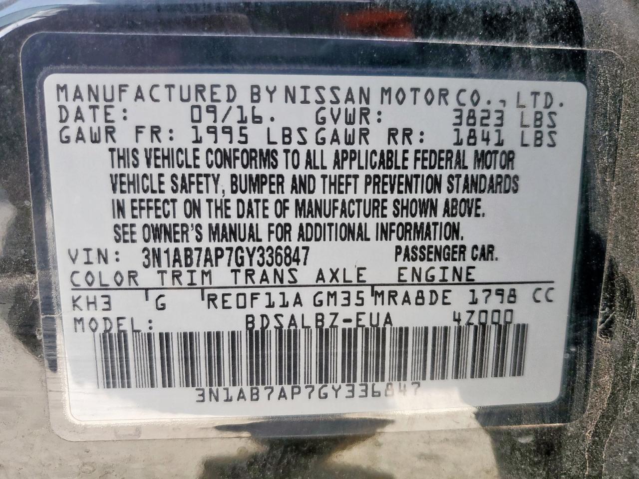 2016 Nissan Sentra S VIN: 3N1AB7AP7GY336847 Lot: 56924395