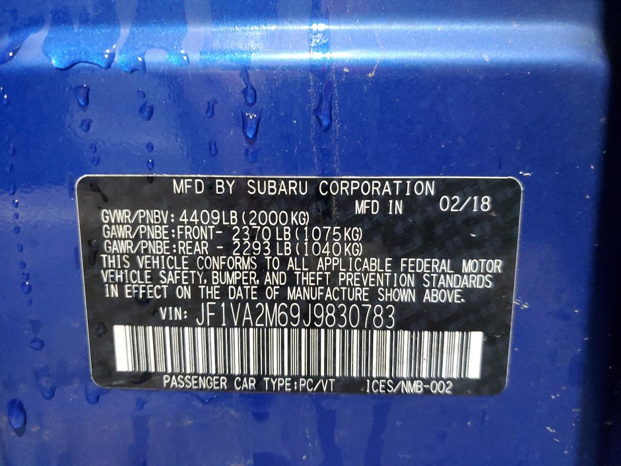 2018 Subaru Wrx Sti VIN: JF1VA2M69J9830783 Lot: 55047065