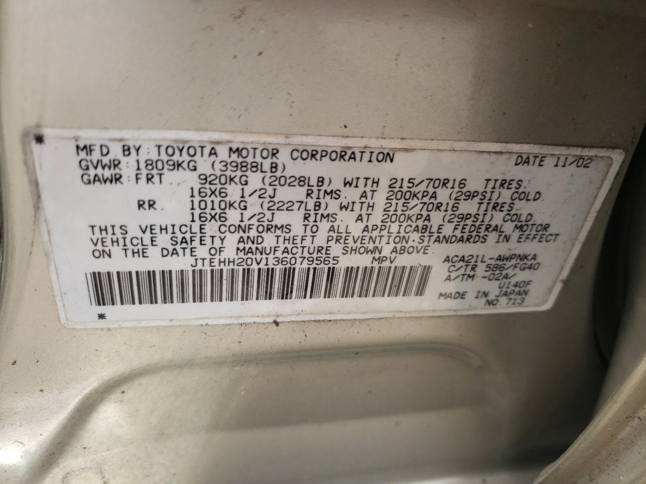 2003 Toyota Rav4 VIN: JTEHH20V136079565 Lot: 56372905