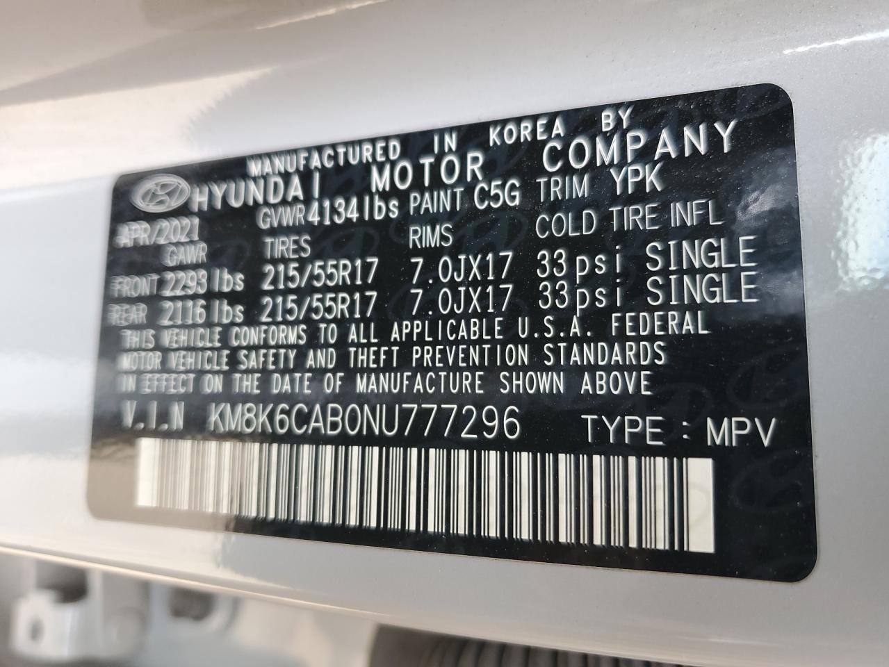 2022 Hyundai Kona Sel VIN: KM8K6CAB0NU777296 Lot: 56706125