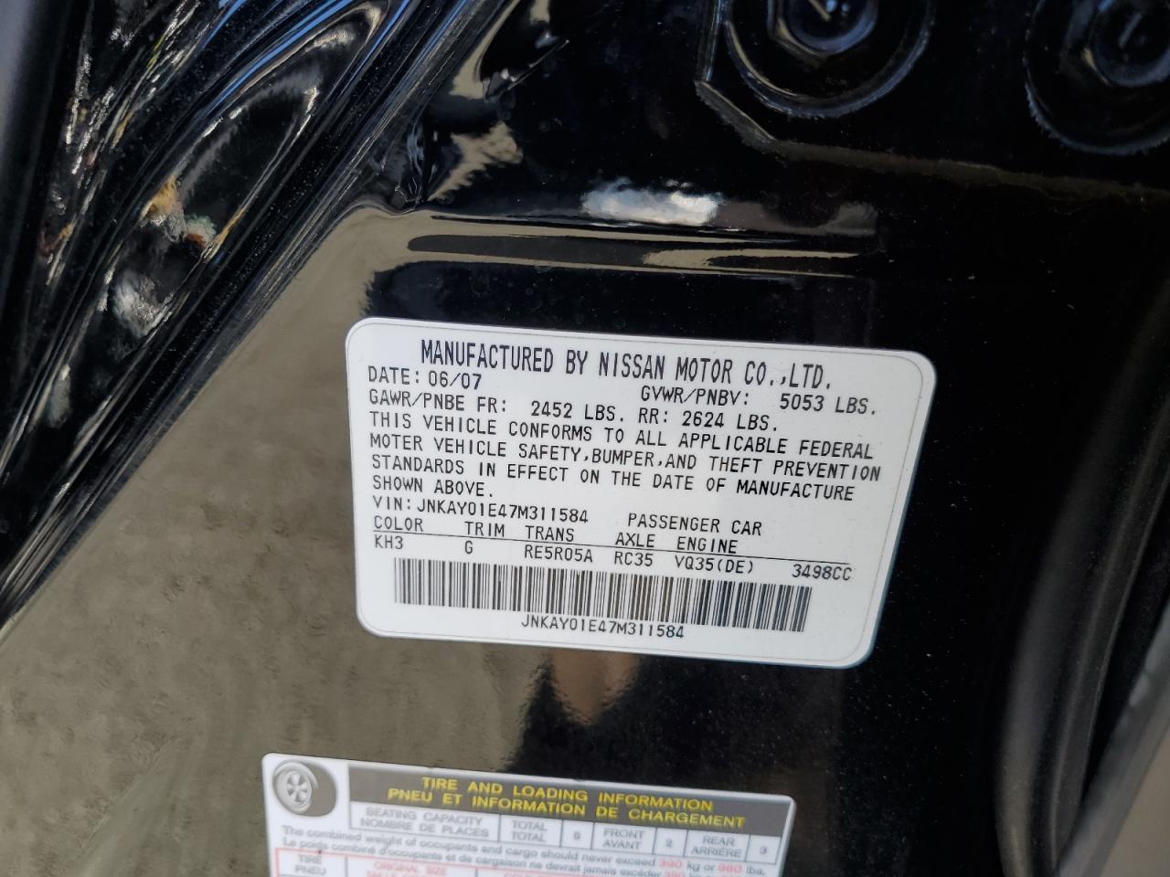 2007 Infiniti M35 Base VIN: JNKAY01E47M311584 Lot: 57069865