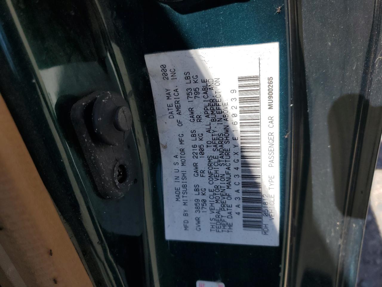 2000 Mitsubishi Eclipse Rs VIN: 4A3AC34GXYE160239 Lot: 55996865