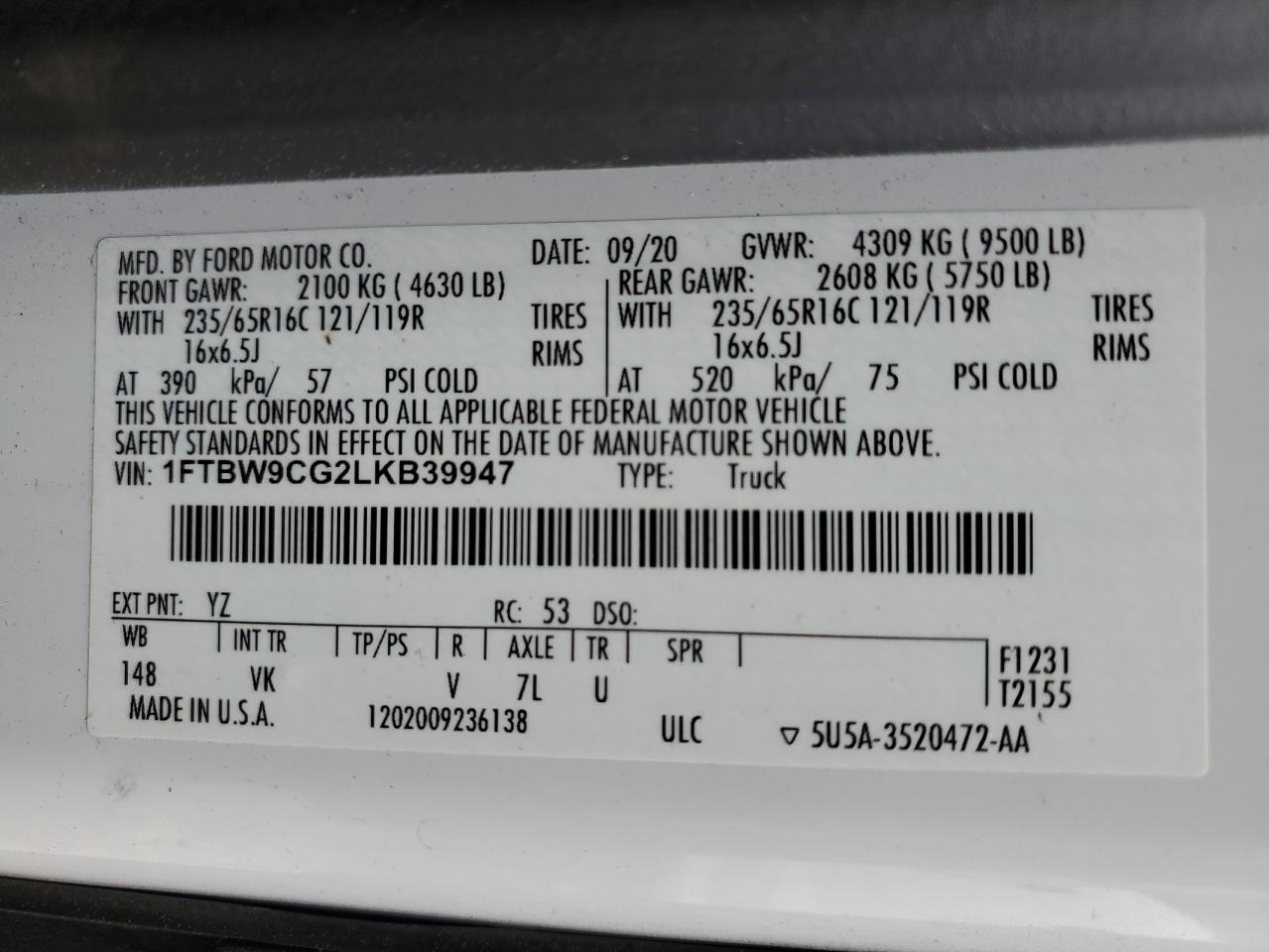 2020 Ford Transit T-350 VIN: 1FTBW9CG2LKB39947 Lot: 56476585