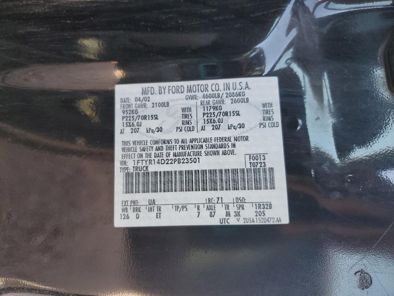 2002 Ford Ranger Super Cab VIN: 1FTYR14D22PB23501 Lot: 57182995