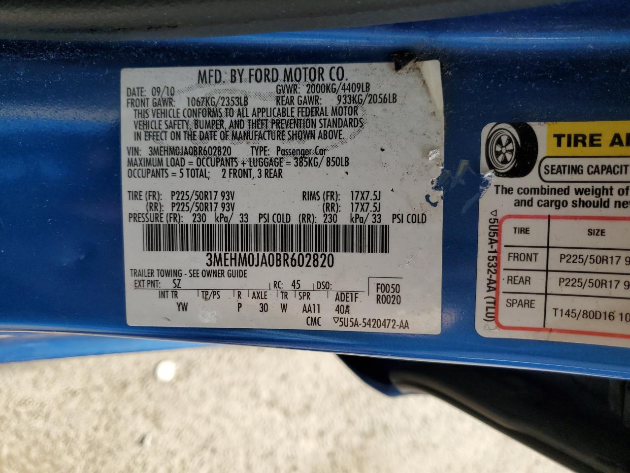 2011 Mercury Milan Premier VIN: 3MEHM0JA0BR602820 Lot: 63605095