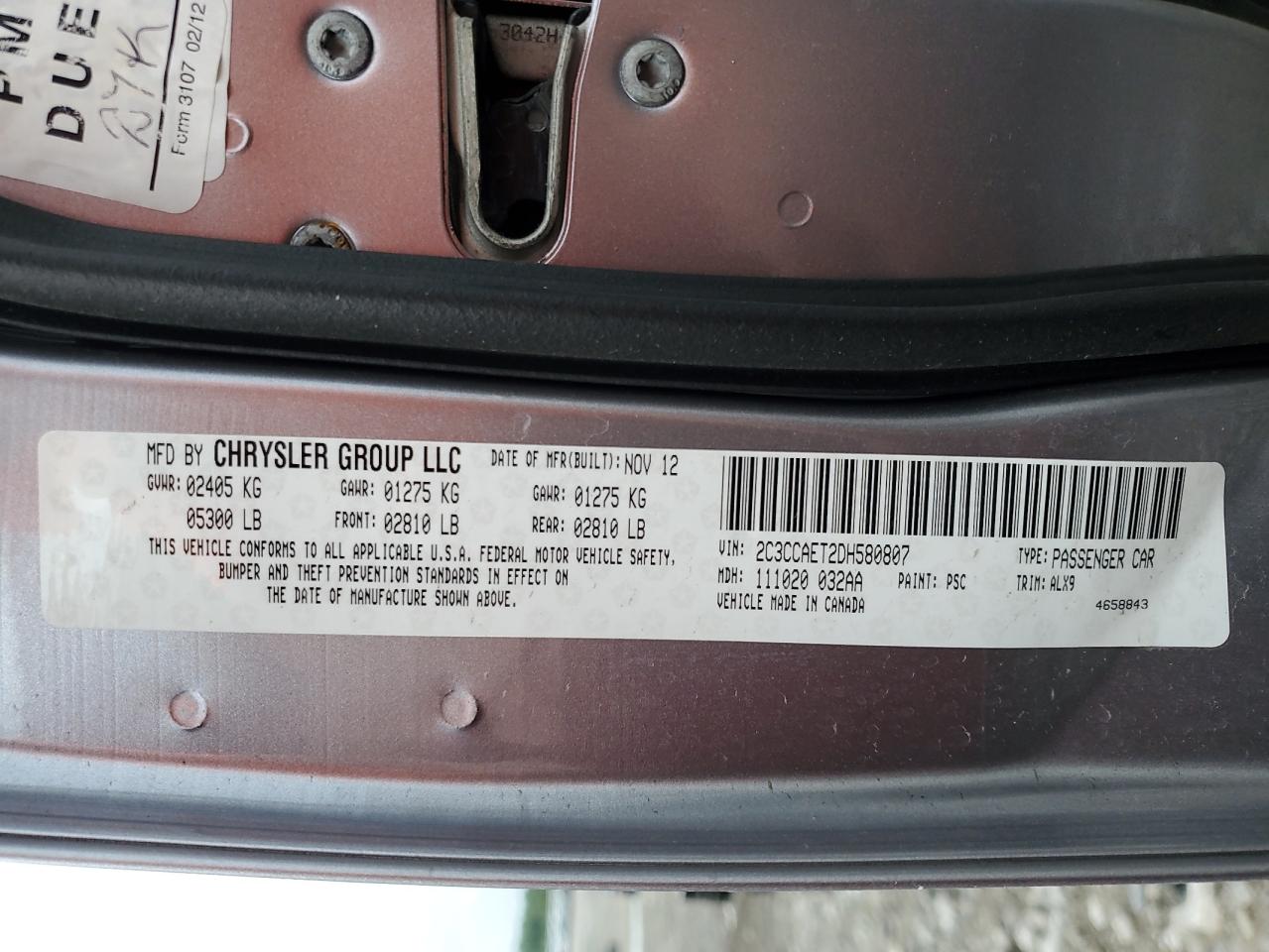2013 Chrysler 300C VIN: 2C3CCAET2DH580807 Lot: 57495355