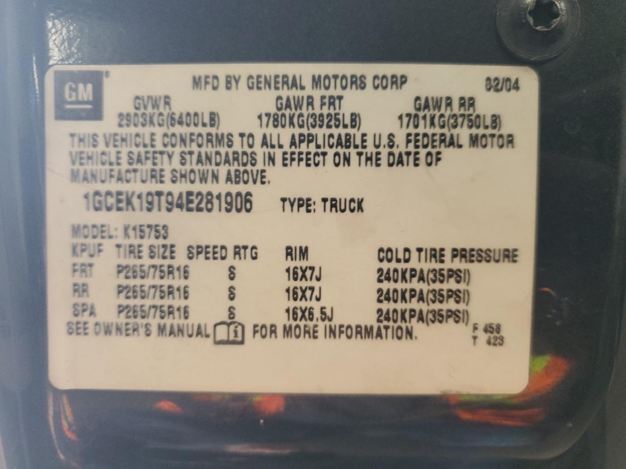 2004 Chevrolet Silverado K1500 VIN: 1GCEK19T94E281906 Lot: 55606745