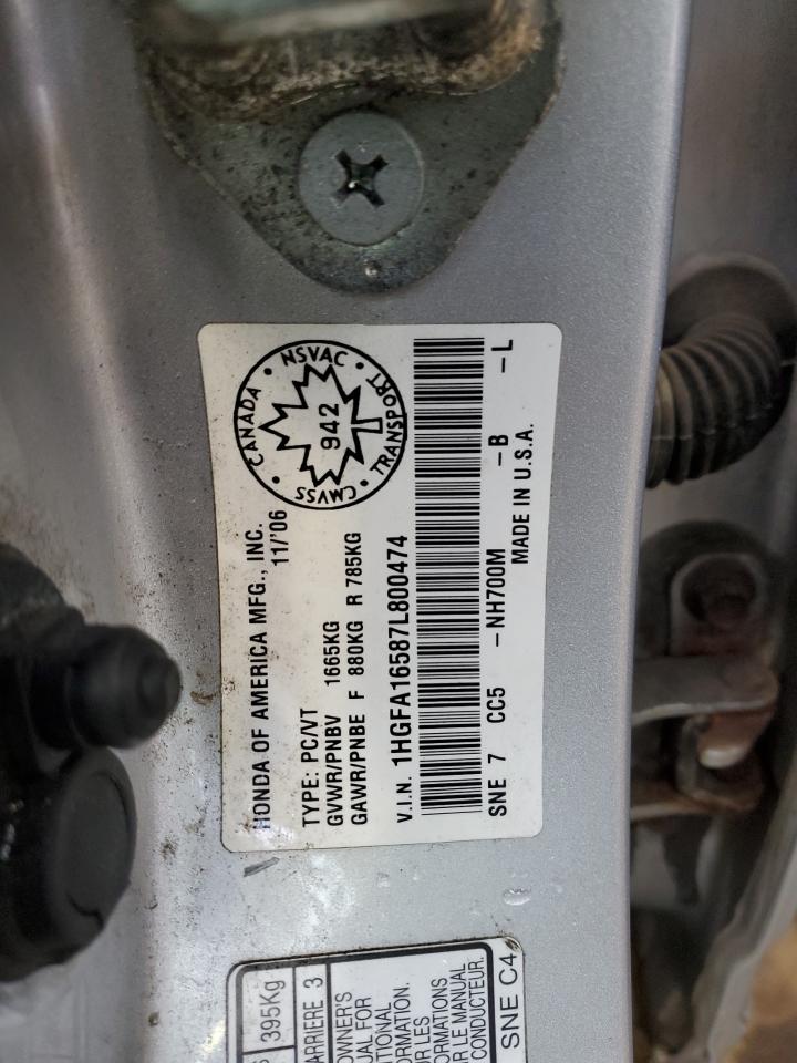 2007 Honda Civic Lx VIN: 1HGFA16587L800474 Lot: 58072005