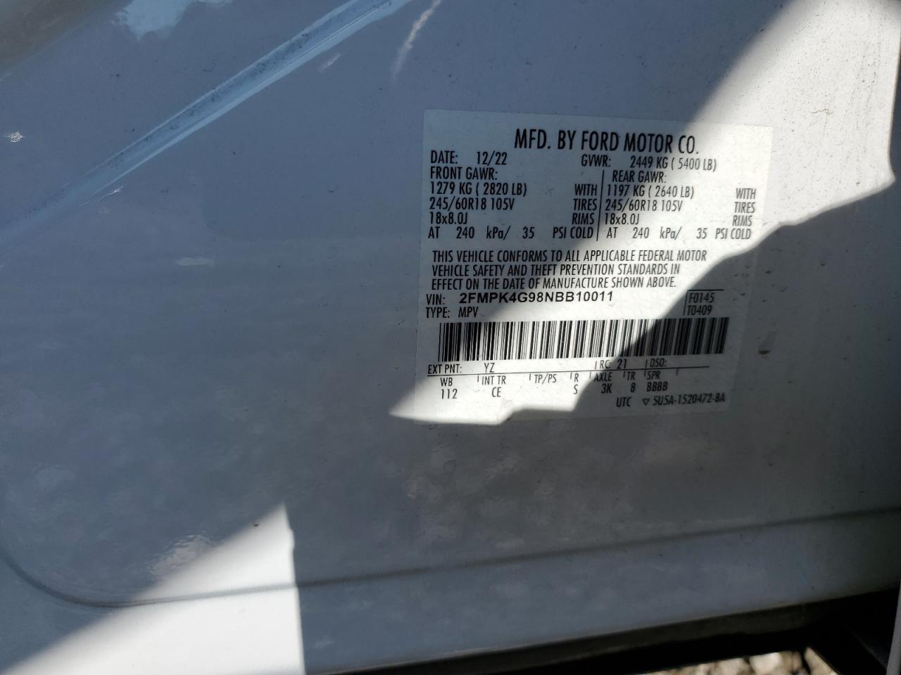 2022 Ford Edge Se VIN: 2FMPK4G98NBB10011 Lot: 56198525